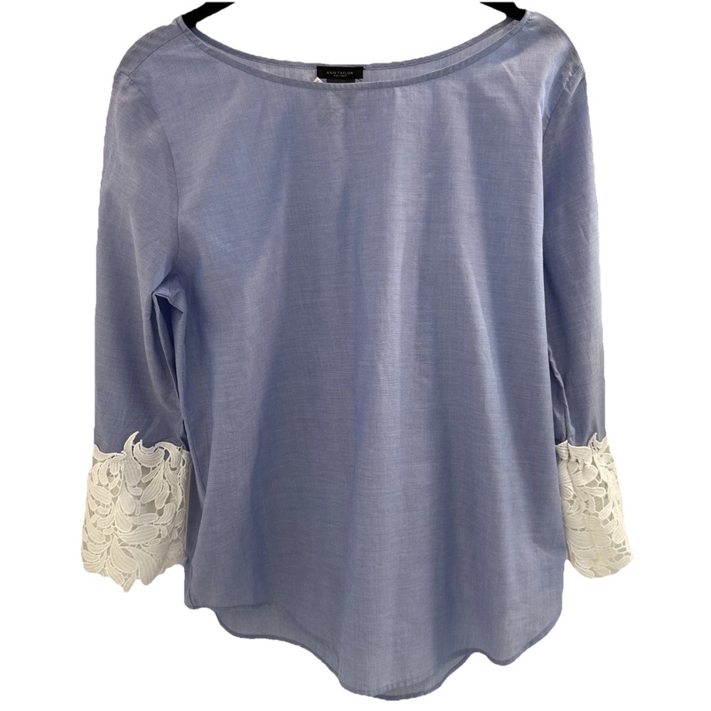 NWT Ann Taylor Factory Women S Blue  Blouse Top Shirt Lace Sleeves Feminine Chic
